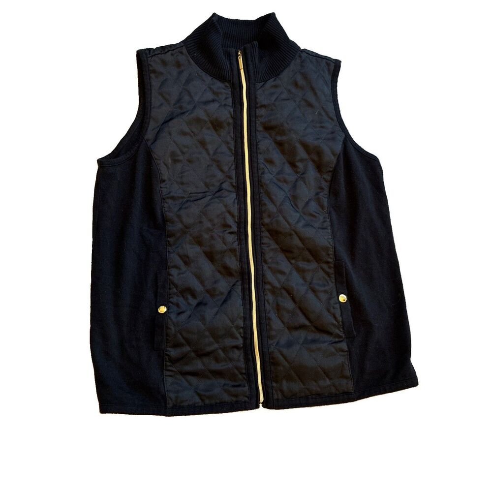 Susan Graver Quilted Vest Women 1 X Black Mixed Media Full Zip Gold Hardware